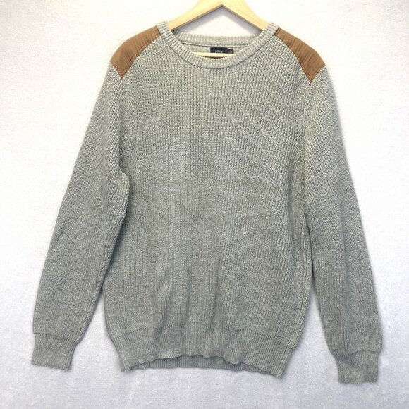 J Crew Knit Sweater Mens XL Gray Brown Shoulder Patch Crewneck Pullover Heavy - Picture 1 of 16